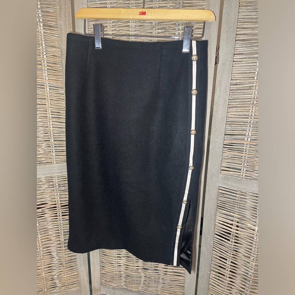 Striped Pearl Button Pencil Skirt - Made In Italy